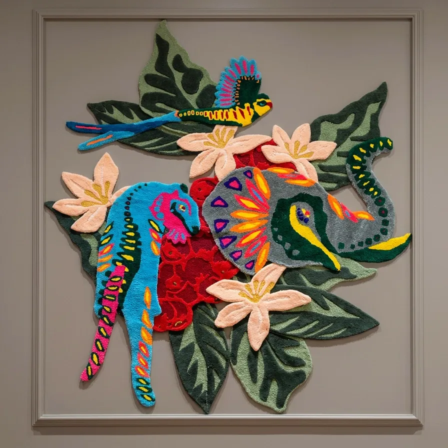 Full hand-tufted woollen quetzal, tiger and elephant wall art at Starbucks Rajpur Road, Dehradun